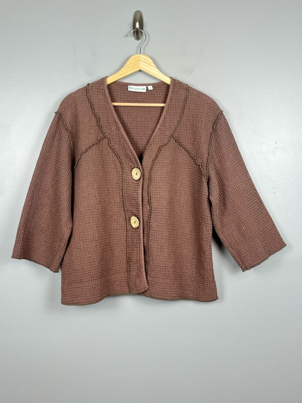 Lulu-B chocolate brown 100% cotton waffle knit button front boxy jacket, medium.